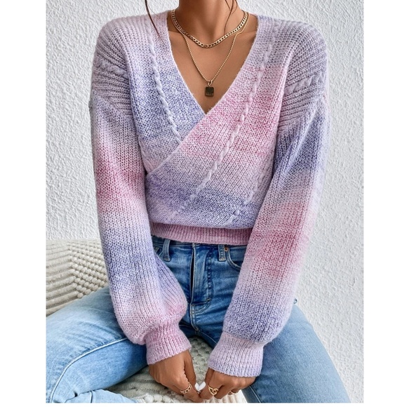 Cozy Colorful Ombre Surplice Sweater Top - Picture 2 of 8
